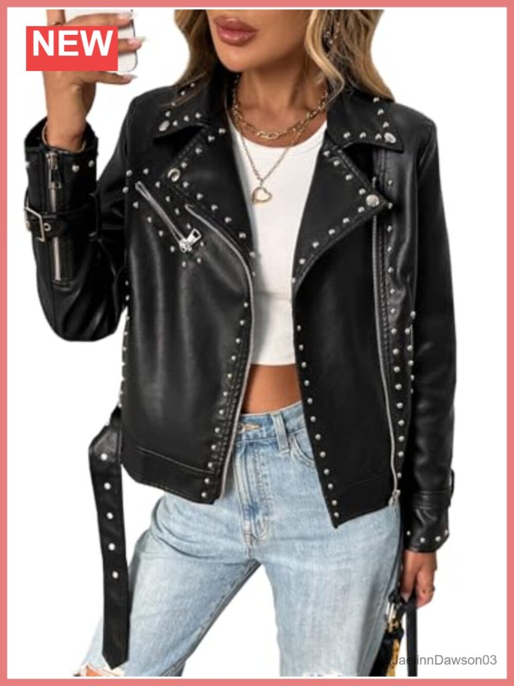 Studded Faux Leather Moto Jacket Women PU Biker Coat Rivets